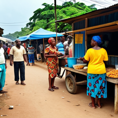 Home 4 **Vibrant street scene in Bushrod Island, Liberia, featuring a woman selling Akara (fried bean cakes) from a small stall. People are gathered around, enjoying their breakfast. Focus on the colors and the energy of the market.**