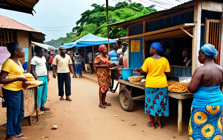 **Vibrant street scene in Bushrod Island, Liberia, featuring a woman selling Akara (fried bean cakes) from a small stall. People are gathered around, enjoying their breakfast. Focus on the colors and the energy of the market.**